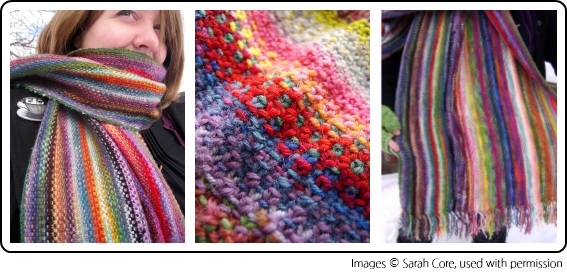 The Mini Mania Scarf by Sarah Core of Exchanging Fire, knit with mini skeins of yarn