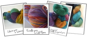 Variegated knitting and crochet yarns from SpaceCadet Creations, featured in the new ebook, Launching Into Hand-Dyed: a basic guide to knitting and crocheting with hand-dyed yarns