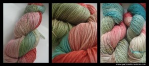 SpaceCadet Creations yarn for knitters and crocheters, dyed in the colours of Camille Roskelley's quilt on a green bed