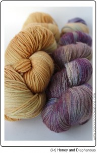 SpaceCadet Creations yarn for knitting and crochet in Honey and Diaphanous