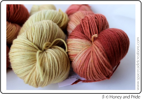 SpaceCadet Creations yarn for knitting and crochet in Honey and Pride