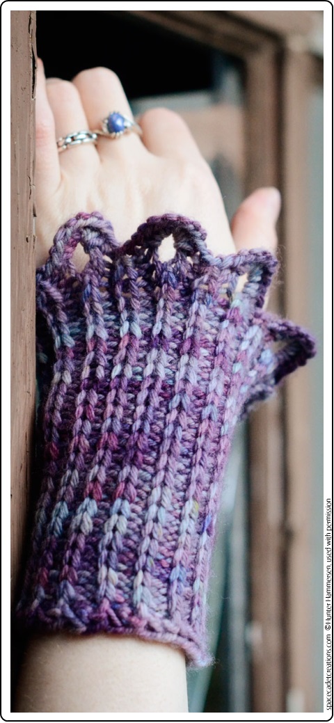 Miscreant Cuff by Hunter Hammersen, knit in SpaceCadet Astrid DK yarn
