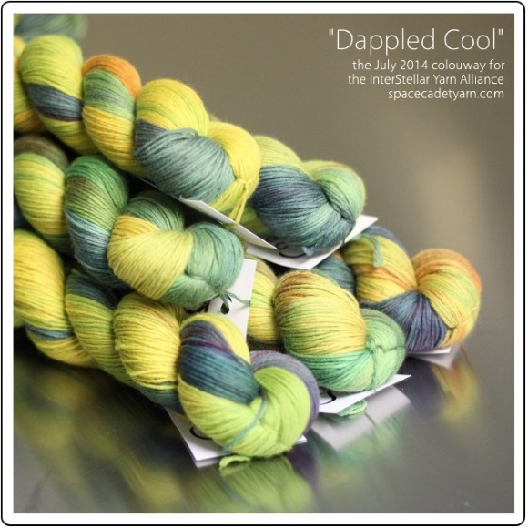 Dappled Cool, the July 2014 colourway for the InterStellar Yarn Alliance from SpaceCadet 1-580