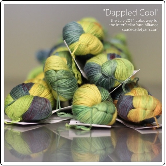 Dappled Cool, the July 2014 colourway for the InterStellar Yarn Alliance from SpaceCadet 2-580