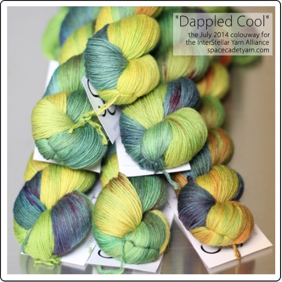 Dappled Cool, the July 2014 colourway for the InterStellar Yarn Alliance from SpaceCadet 3-580