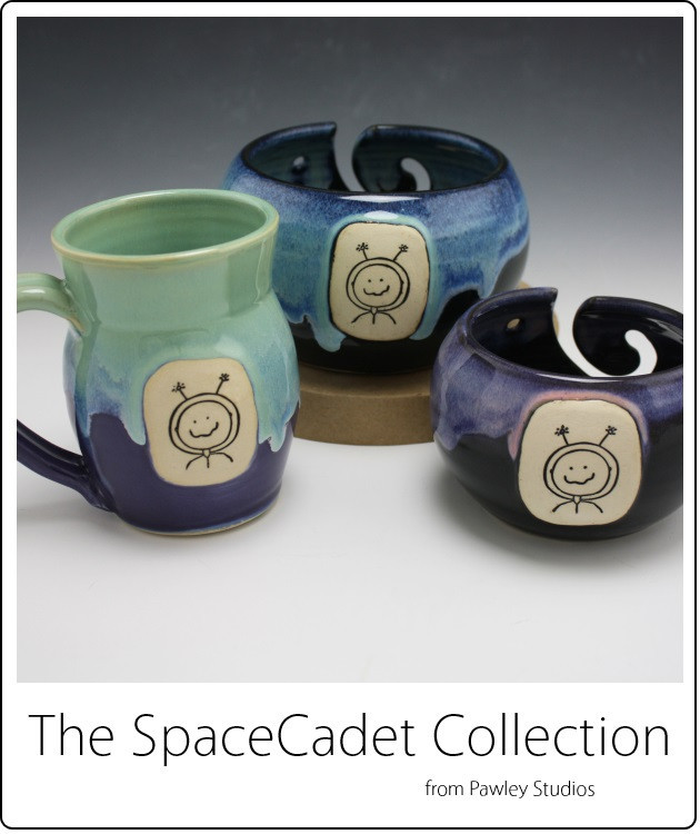 The SpaceCadet Collection from Pawley Studios: mug and yarn bowls in two sizes. Available Aug 1-18