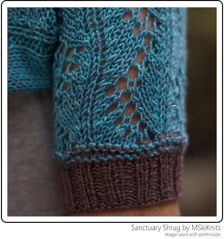 The Sanctuary Shrug by MSkiKnits uses SpaceCadet Mini-Skeins to create a pop of colour