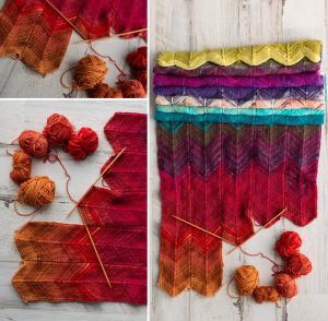 Create a Year-Long Mini Skein Project A collage of images of a woman working on a multicolour wrap knitted in a chevron pattern.