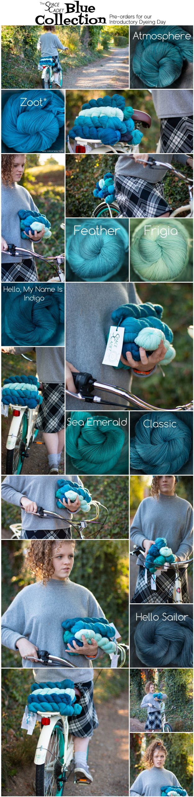 lots of photos of a girl on a bike with blue yarn on the back