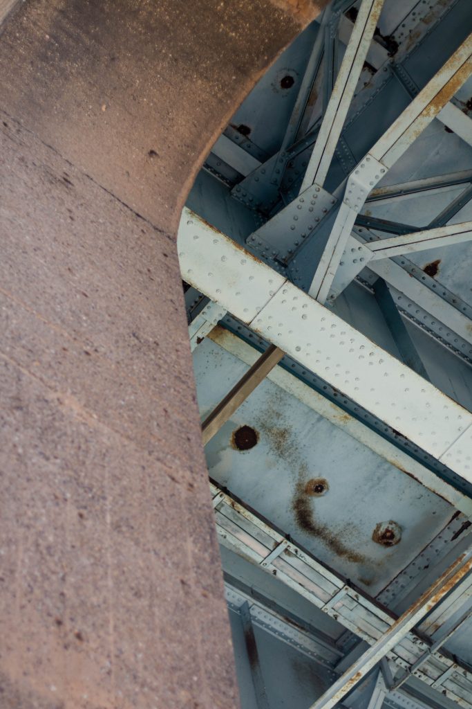 Looking up at the underside of the bridge where we photographed the shawl knit with Mini-Skeins