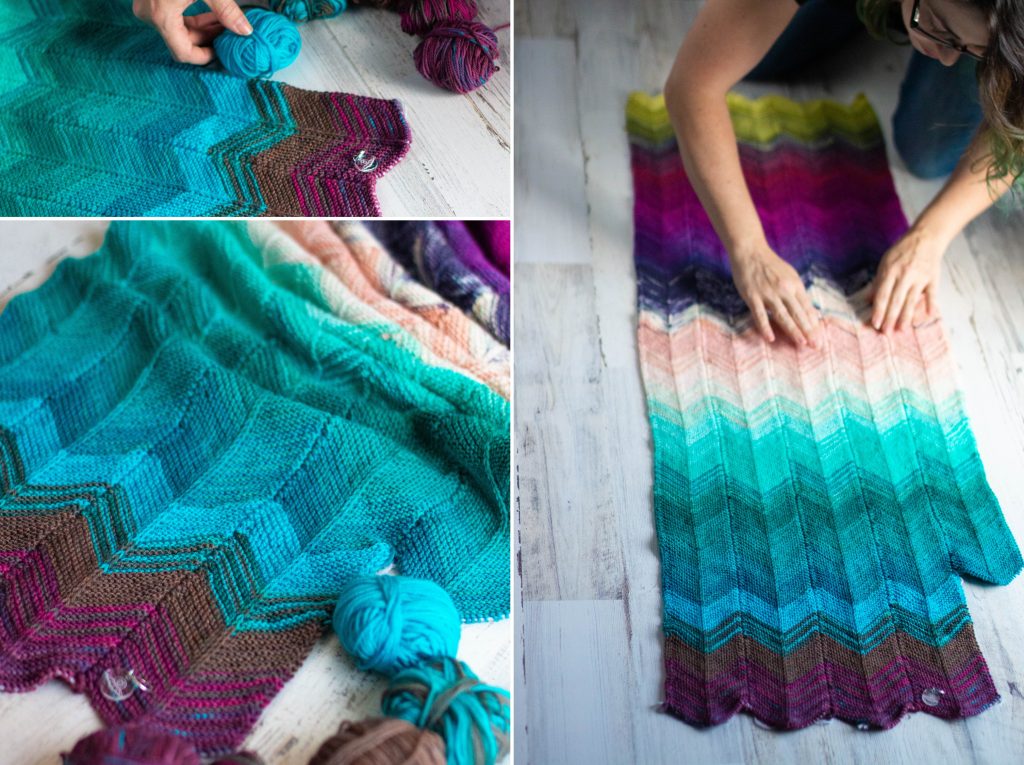 Create a Year-Long Mini Skein Project A collage of images of a woman working on a multicolour wrap knitted in a chevron pattern.