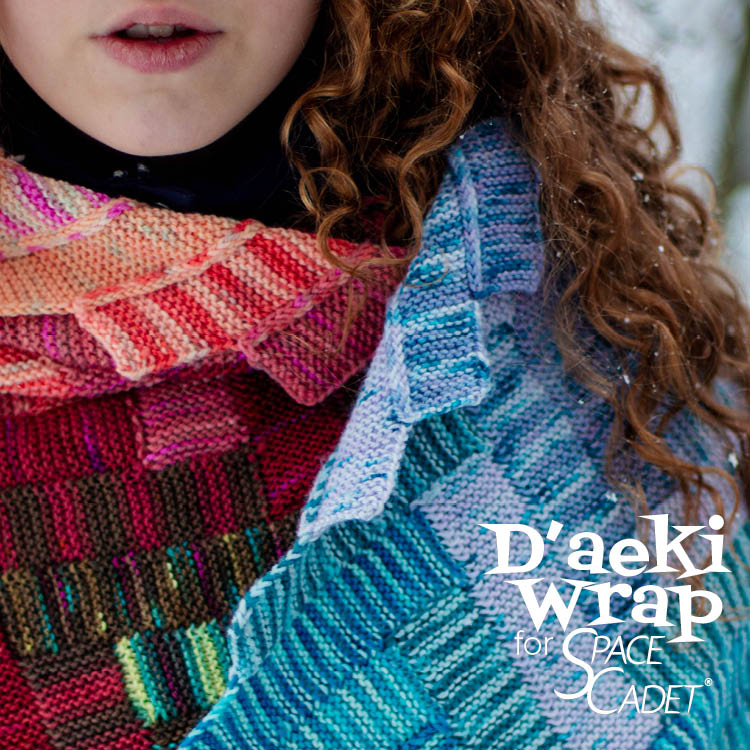 The D'aeki Wrap, designed for SpaceCadet Mini-Skeins and perfect for mini-skein stash busting!